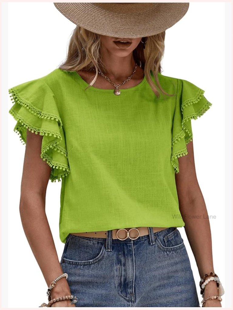 Women's Solid Butterfly Cap Sleeve Contrast Lace Blouse